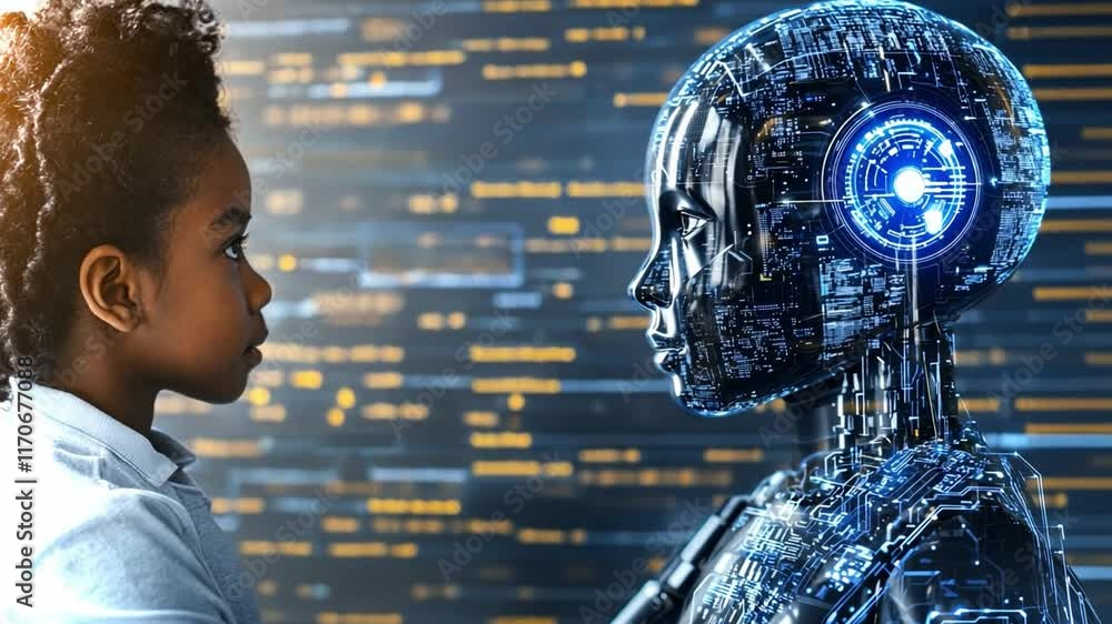 Poster interaction between a child and a humanoid robot in a futuristic environment