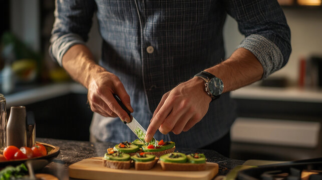 Preparing healthy avocado toast in a cozy kitchen setting. Generative AI
