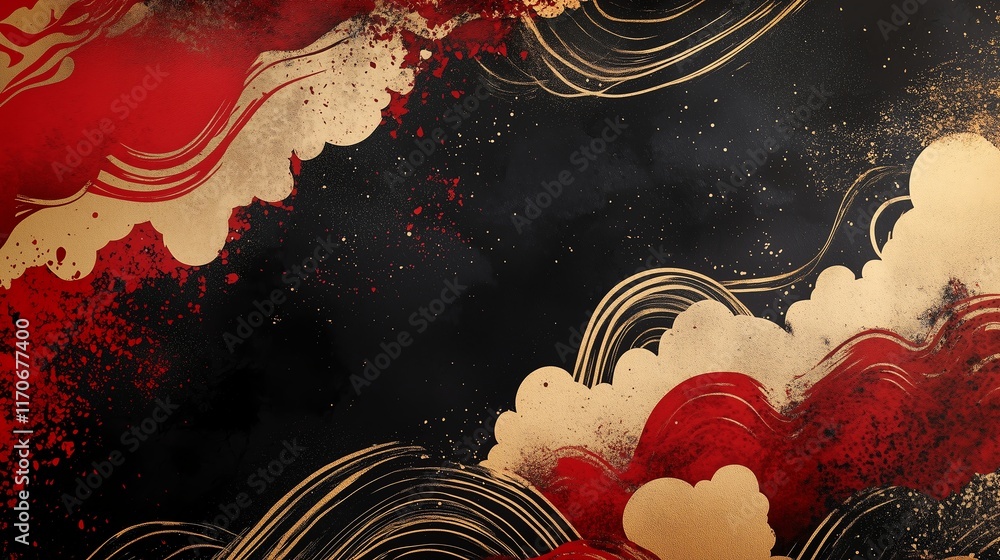 Poster minimal red and gold design featuring abstract cloud and wave patterns in the corner, set against a 