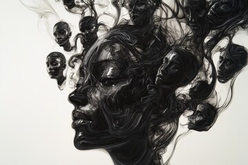 Fototapeta premium Surreal Artistic Portrait of a Woman with Flowing Hair and Floating Faces