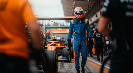 Racer, track and man walking in pit lane for preparation, team and sports. Driver, formula one and racing at circuit for challenge, competition, motorsport and professional performance