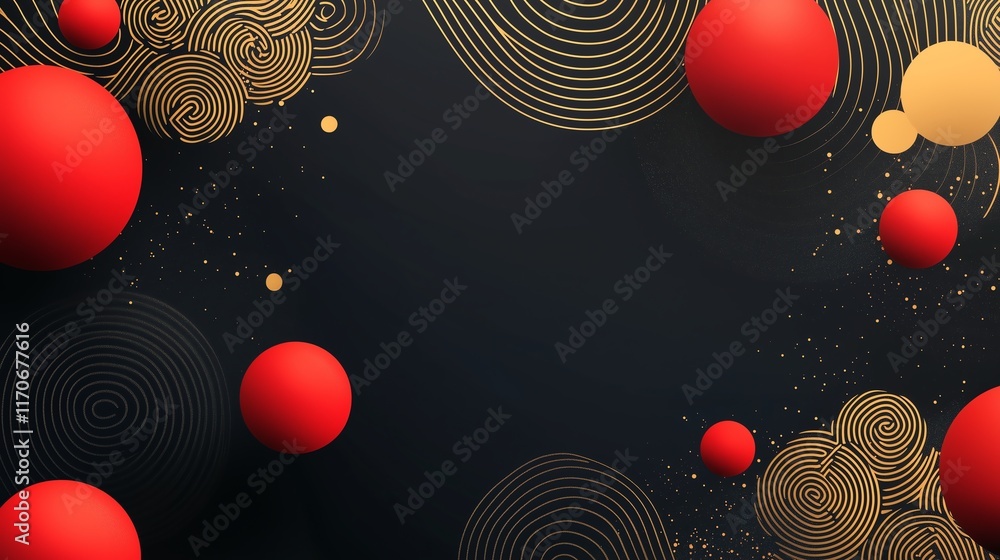 Poster modern abstract design for chinese new year, using geometric gold patterns and red spheres floating 