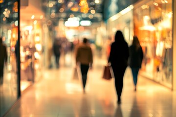 A blurry image of a shopping mall with people walking around