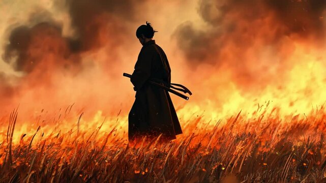 A silhouetted samurai stands tall amidst a fiery sunset landscape.
