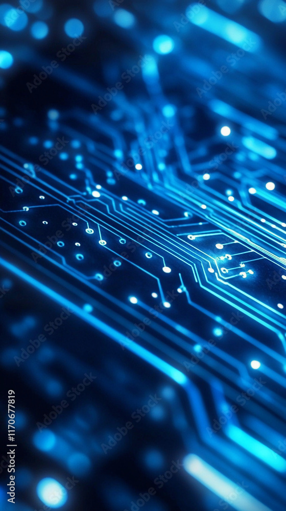 Poster exploring the intricate patterns of electronic abstraction in blue hues. generative ai