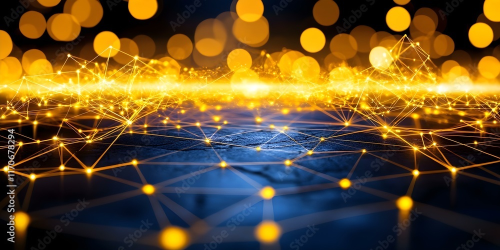 Poster a glowing, interconnected network of light points and lines against a dark background, creating an a