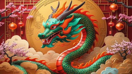 Fototapeta premium lunar new year with lantern in red gold theme