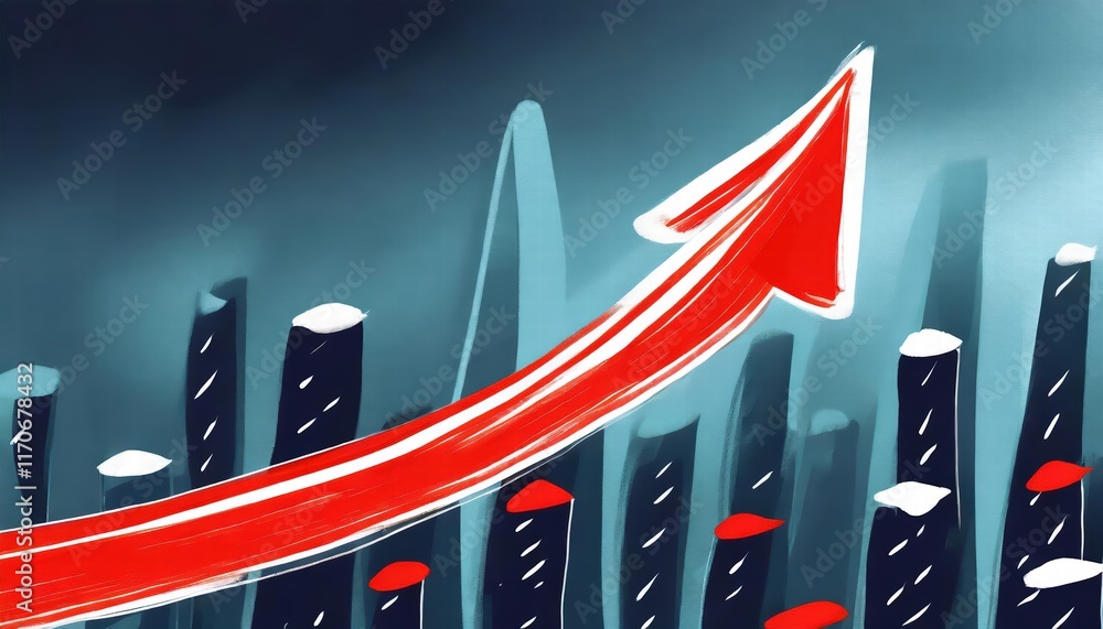 Poster handdrawn red arrow up line illustration for growth and progress visualization in business presentat