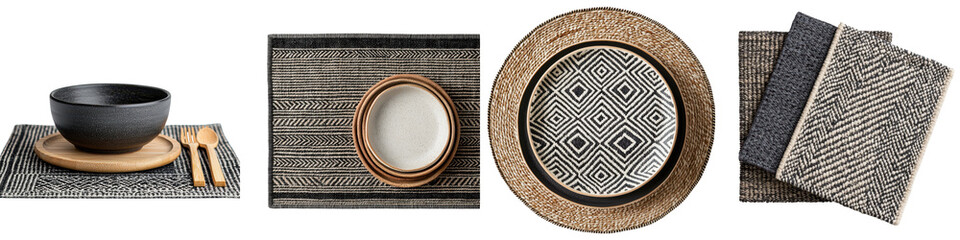 Obraz premium Stylish and modern tableware setting in neutral colors and minimalist geometric patterns Includes ceramic plates bowls wooden placemats and metal cutlery arranged on a wooden table with a clean