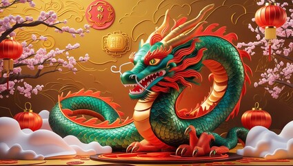Obraz premium lunar new year with lantern in red gold theme