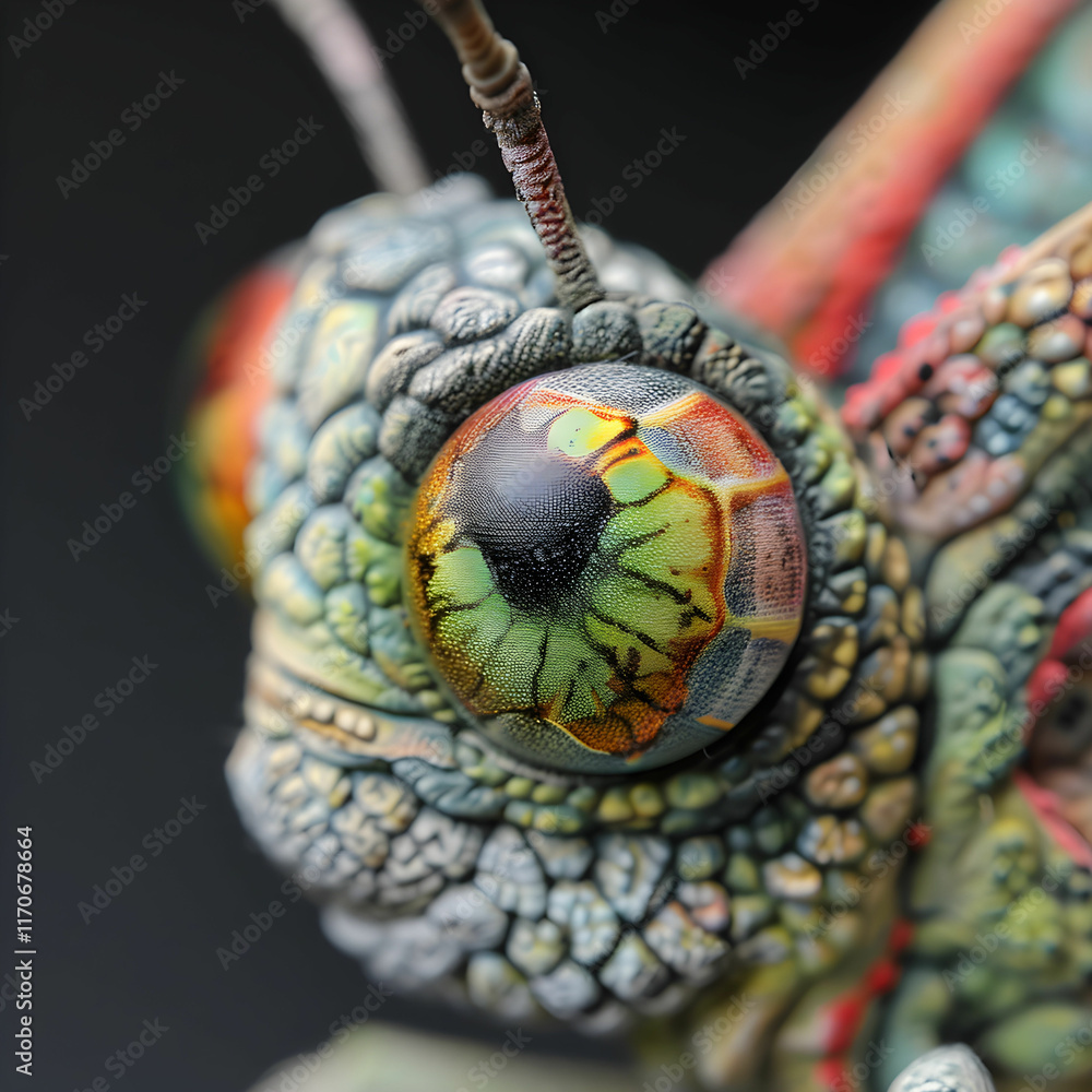 Poster close-up macro shot of colorful grasshopper with intricate patterns and eyes in vibrant detail