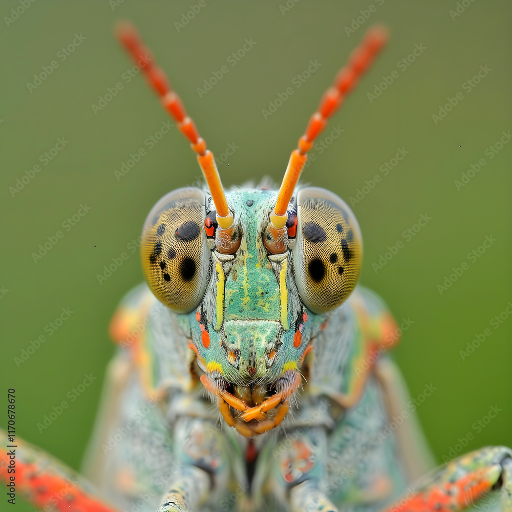 Poster close-up of a colorful grasshopper with intricate patterns and textures on its face against a soft g