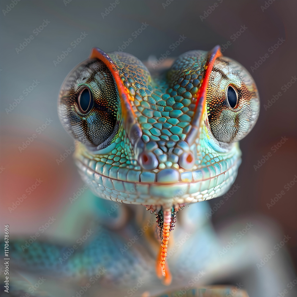 Poster close-up portrait of a colorful lizard showcasing intricate patterns and vibrant details in nature