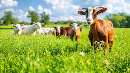 Fototapeta premium A group of great Boer goats grazing on the farm's green pastures