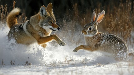 Naklejka premium A coyote chases a hare through a snowy landscape, showcasing nature's predator-prey dynamic.