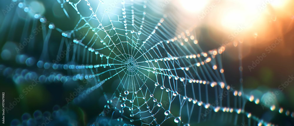 Poster morning dew on a delicate spider web with soft background light and bokeh effect
