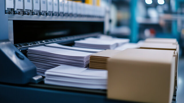Close up on stack of papers and envelopes in modern printing or mailing facility