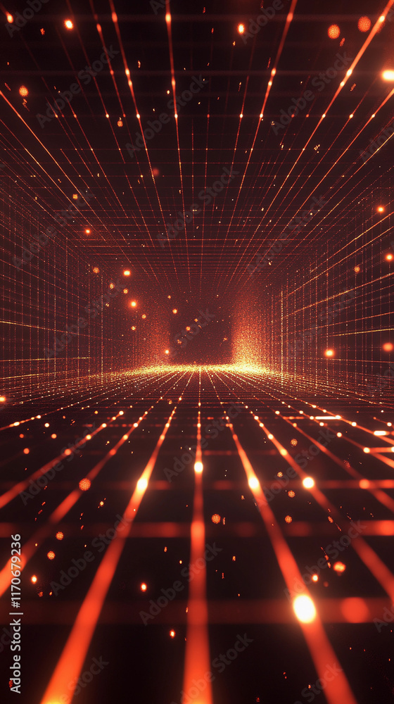 Poster futuristic grid with glowing lights extends into dark space. generative ai