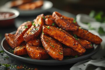 Delicious golden-brown sweet potato wedges garnished with herbs on a dark plate.