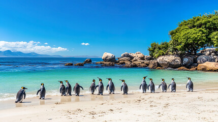 A group of Penguins at Boulders Beach in Simons Town, Cape Town, South Africa. Beautiful penguins. Colony of African penguins on a rocky beach in South Africa Western Cape