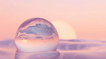 Soft hues enveloping a delicate water bubble, creating a peaceful scene against a calming lavender and peach gradient.