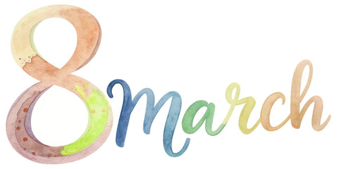 Watercolor illustration, March 8, vibrant colors, women's day celebration, artistic design, modern typography.