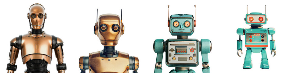 Vintage Retro Robots and Toy Collection Displayed on Plain White Background  Classic Intelligence Concept