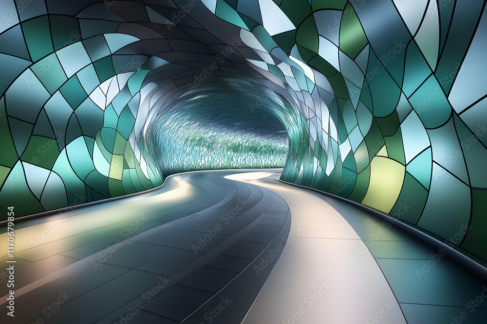 Poster abstract architectural tunnel with a mosaic wall, showcasing a captivating interplay of light and sh