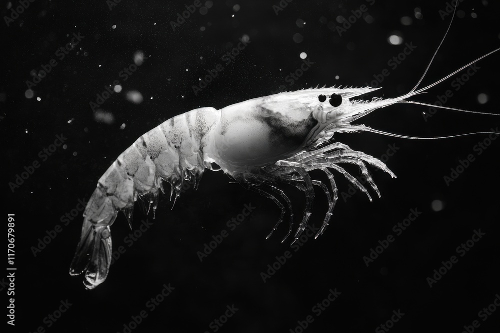 Poster close-up of a transparent shrimp, showcasing its intricate details and delicate features in a stunni