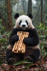 Obraz premium A panda sitting among foliage, holding bamboo sticks, creating a whimsical scene.