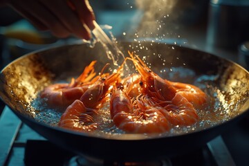 A close-up of a hand adding seasoning to shrimp sizzling in a hot skillet.