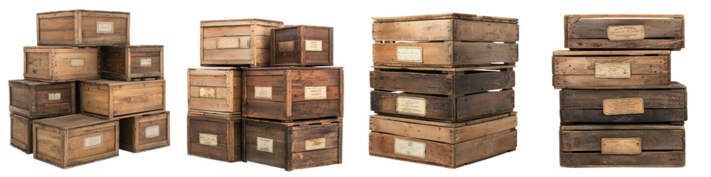 Stacked vintage wooden crates and boxes in a shabby chic rustic style used for storage freight and home decor  The aged weathered boxes and crates create a warm