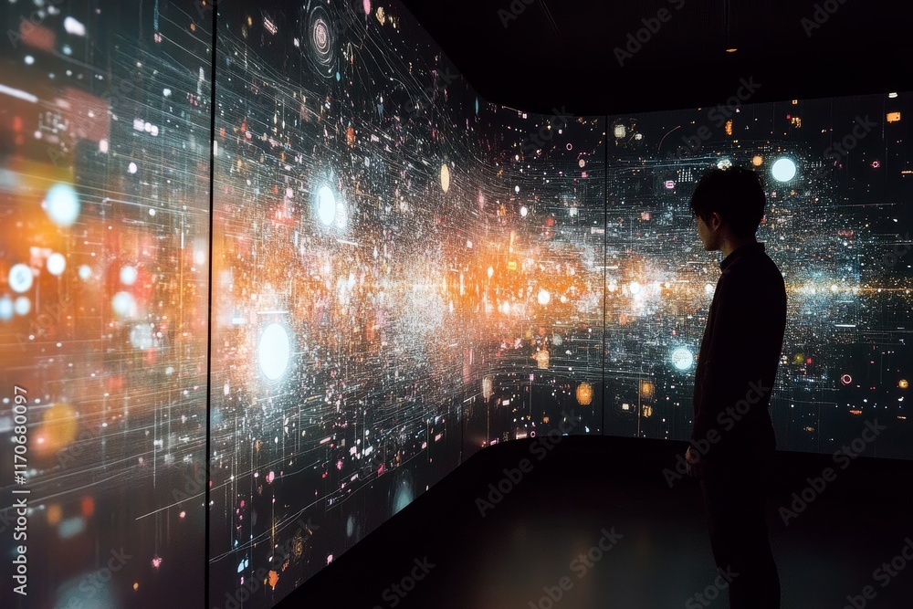 Poster immersive data visualization experience with dynamic patterns and colors