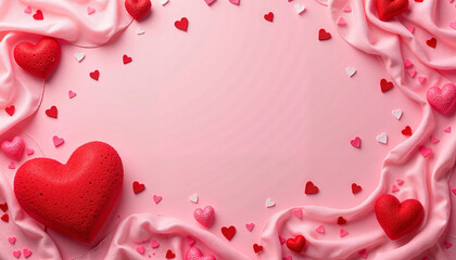 Obraz premium Romantic Pink and Red Hearts with Soft Textiles on a Vibrant Pink Background