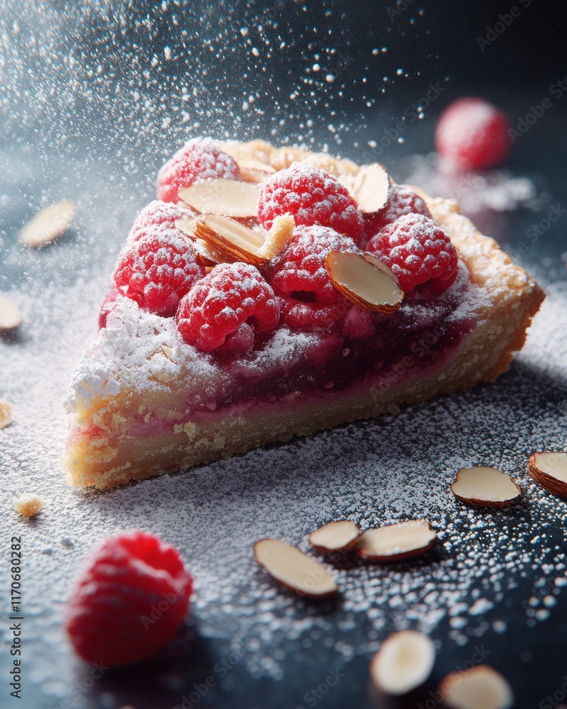 Poster a slice of raspberry tart adorned with almond slivers, dusted with powdered sugar on a dark backgrou