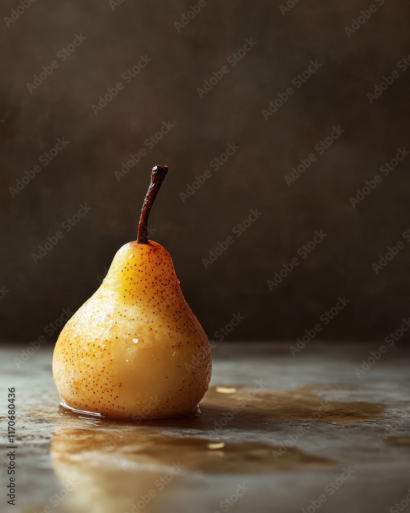 Poster a ripe pear with a glossy surface, sitting in a pool of its juice, illuminated softly for a warm, in