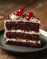 Delicious chocolate cake slice topped with cherries and whipped cream on a rustic wooden table.
