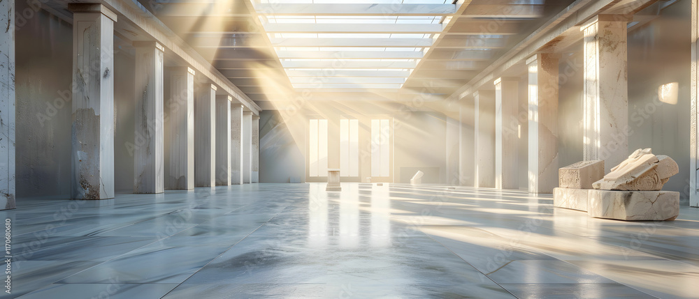Poster serene light streaming through columns in an ancient stone hallway with soft shadows and elegant des