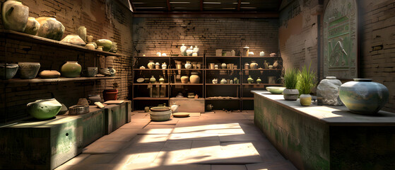 Rustic pottery workshop filled with unique handcrafted ceramic vessels and artifacts in soft natural light