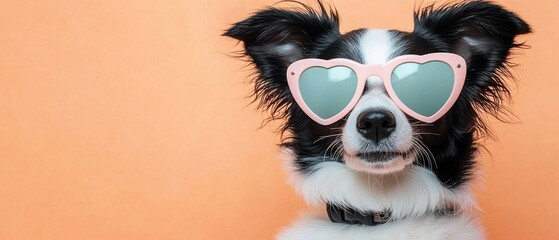 Fototapeta premium Adorable Border Collie Dog Wearing HeartShaped Sunglasses on Orange Background