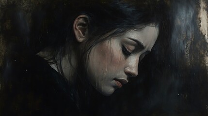 Close-up profile view of a woman with a pensive expression, dark hair, and a somber atmosphere.