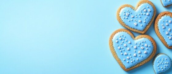 Fototapeta premium Delicious Blue HeartShaped Cookies on Light Blue Background
