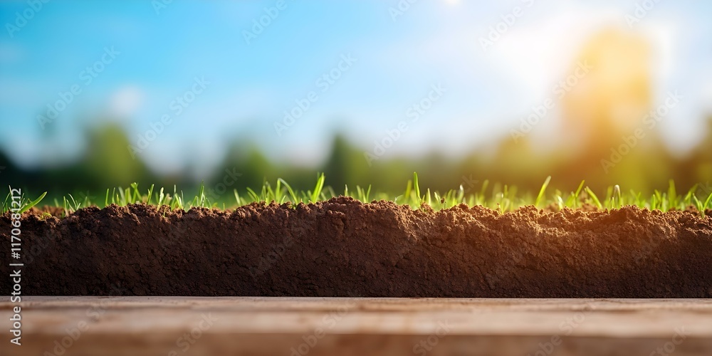 Poster a close-up view of soil and grass with a blurred background of trees and a bright sky. concept natur