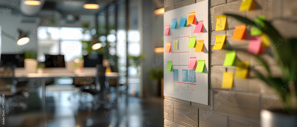 Poster colorful sticky notes on paper in modern office setting promoting creativity and brainstorming for p