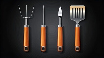 Fototapeta premium Minimalist Barbecue Grill Tools Set Vector Illustration for Restaurant Menu and Butcher Shop Branding on Black Background