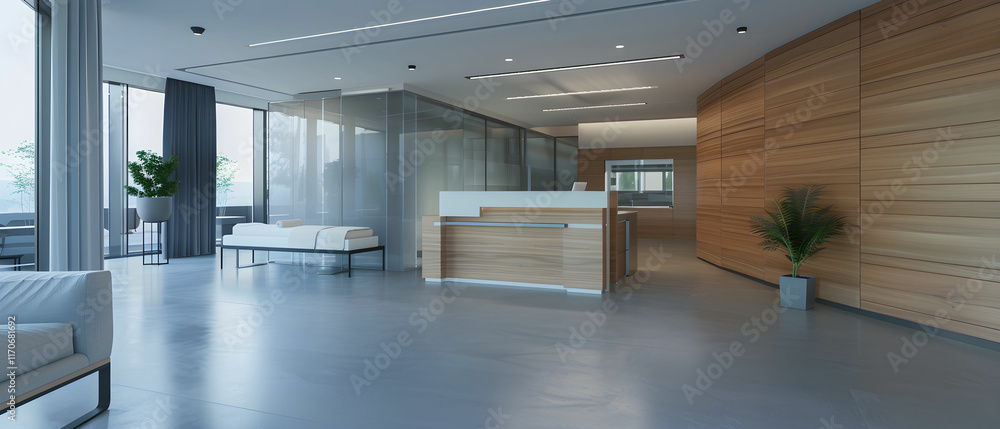 Poster modern interior of a sleek reception area with wooden elements and large windows showcasing minimali