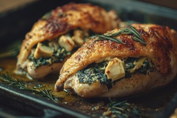 Juicy baked chicken breasts stuffed with spinach and artichoke, garnished with fresh rosemary.