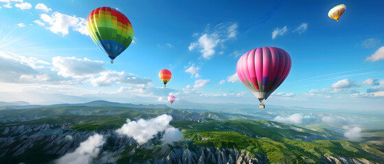 Fototapeta premium Colorful Hot Air Balloons Flying Over Majestic Mountains and Lush Green Valley Under Bright Blue Sky