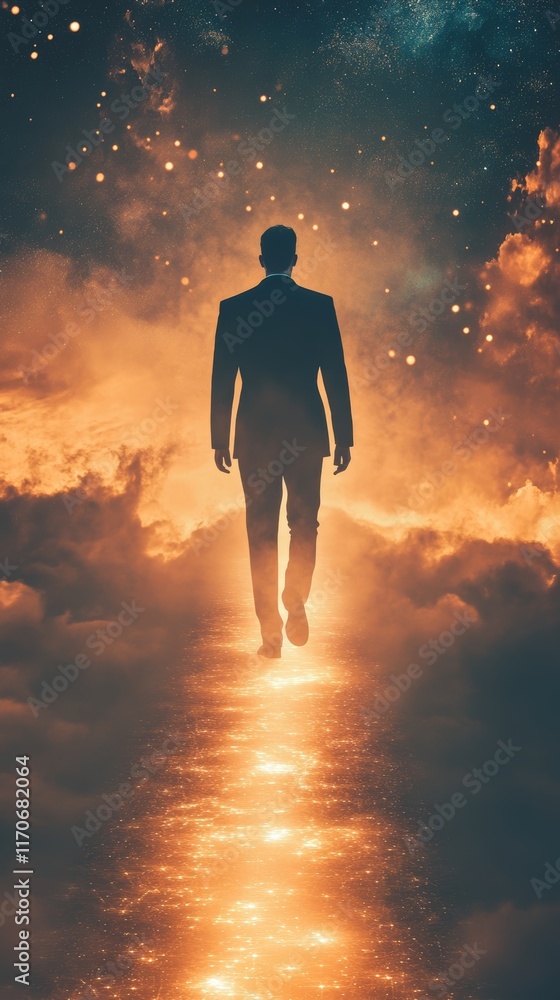 Canvas Prints a man is walking through a sky filled with clouds and stars