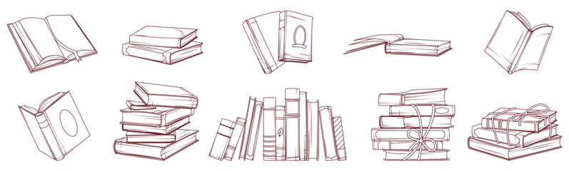 Set of sketch vector illustration of stack of books, standing books, open book.
